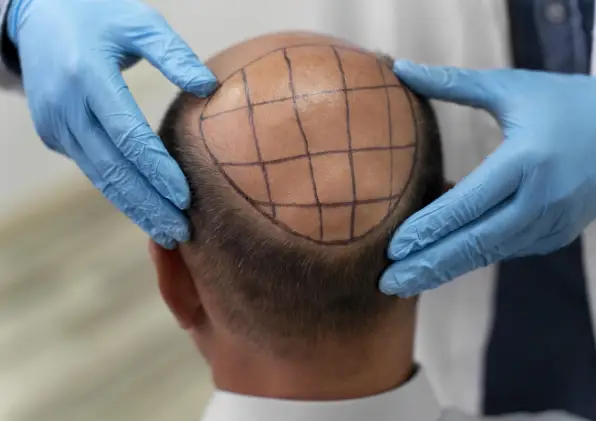 A man with blue gloves is getting his head shaved