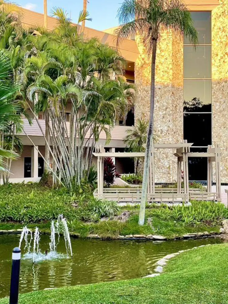 A fountain in the middle of a garden.