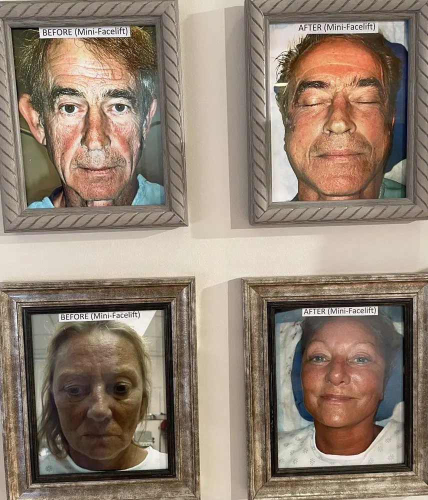 A group of four people in frames hanging on the wall.