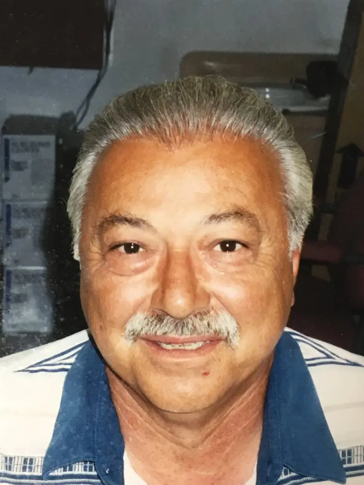 A man with gray hair and mustache wearing a blue shirt.